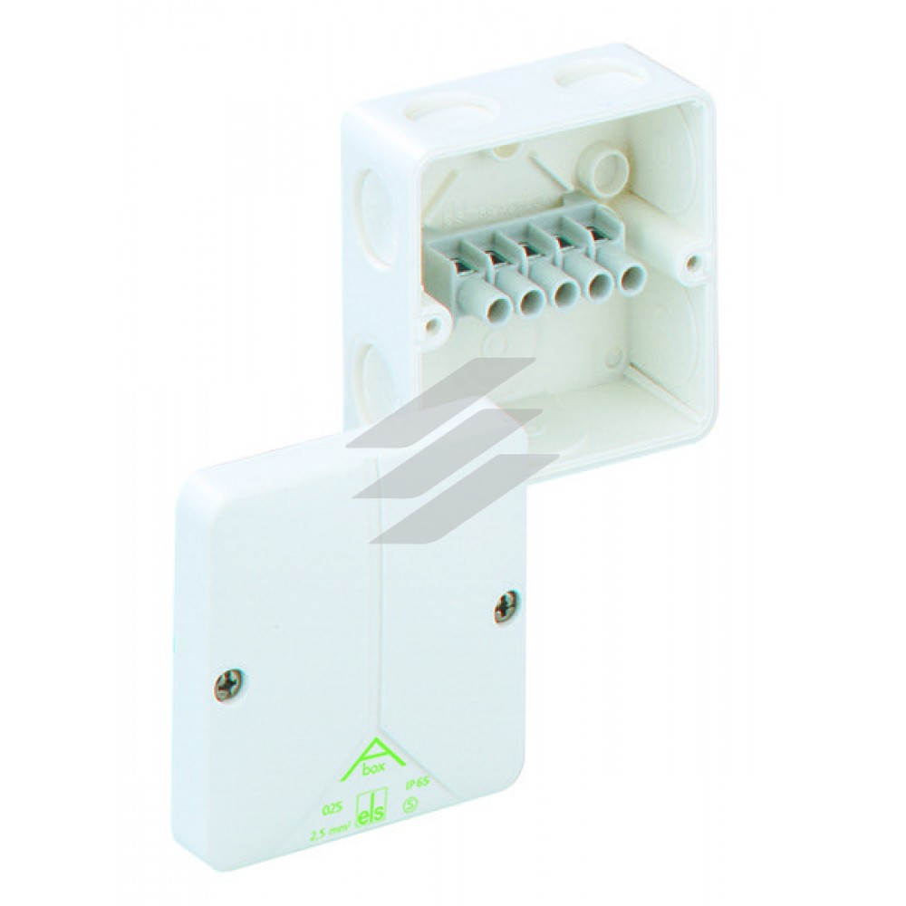 Розподільча коробка Aboх 025-2.5²/w (80х80х52мм), клема 5х2.5мм² (4х1.5²-4х2.5² на кожний полюс), полістирол, 8 метричних вводів (7-М20, 1-М20 на днищі), IP65, біла, Spelsberg